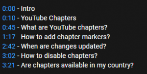 Captura de pantalla de la descripción de un vídeo separado por capítulos